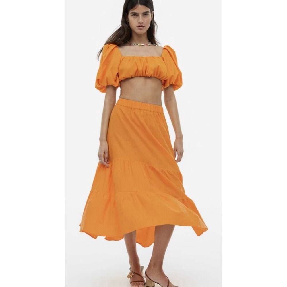 H&M Women Linen Blend Top Matching Skirt Set Asymmetric Hem Sz M/XL Orange 42-15
